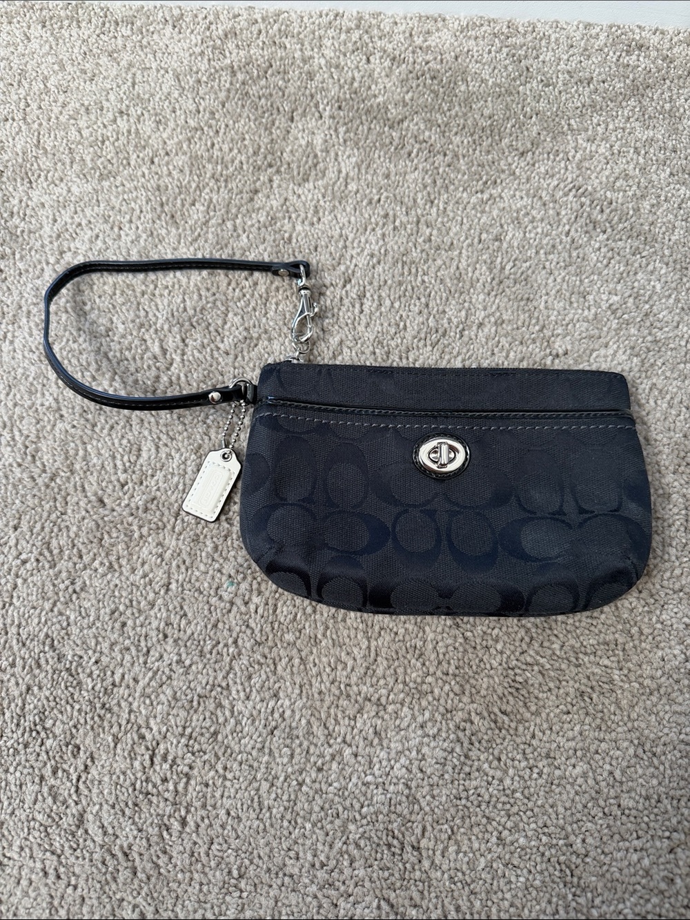 Coach Black Signature Wristlet with Silver Turnlock